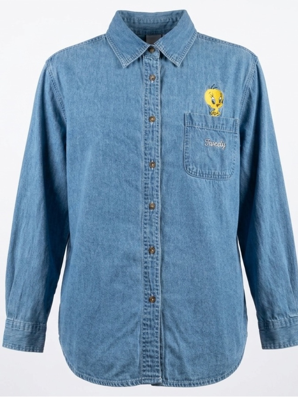 Vintage 90s Looney Tunes Tweety Bird Denim Shirt Women's 14W/16W  Button Down